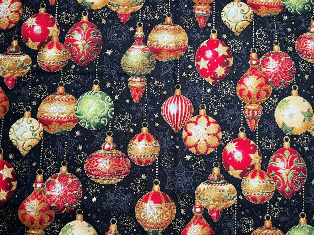 Holiday Flourish Cotton Fabric Metallic Accents on Black 1/2 yard | Destash